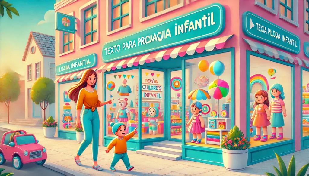 Imagem exclusiva criada por ChatGPT mostrando uma criança e sua mãe caminhando em frente a uma loja infantil. A vitrine colorida exibe brinquedos, roupas e calçados, enquanto a criança, empolgada, aponta para a loja. A mãe sorri e segura a mão da criança. O ambiente é alegre, com cores pastéis, transmitindo uma atmosfera acolhedora e divertida.